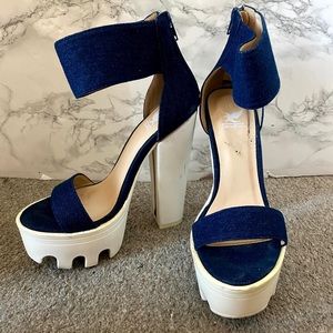 Denim two-strap platform sandal heels